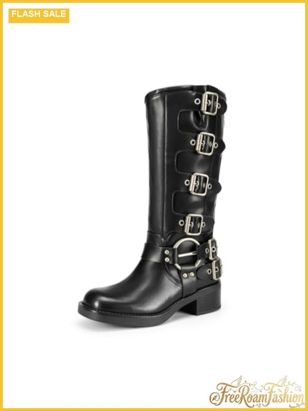 Women's Knee High Moto Boots Square Toe Block Heel Faux Leather